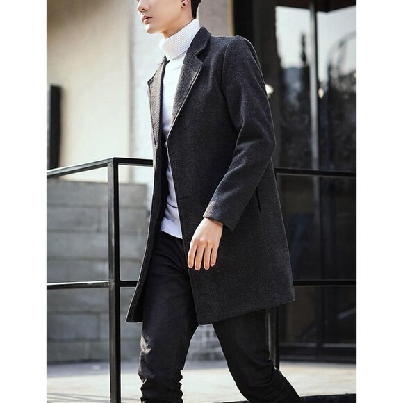 Men's Dark Gray Wool Blend Pea Coat Notched Collar Breasted Winter Trench Coat - Picture 6 of 7